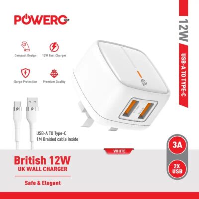 Powero+ British Dual USB 3A AdapterWith Type-C Cable.- 3A , 12W Copy