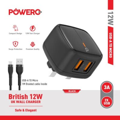 Powero+ British Dual USB 3A AdapterWith Micro Cable.- 3A , 12W