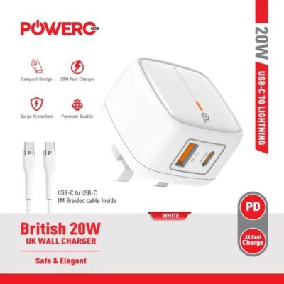 Powero+ British PD+QC Adapter 20WWith USB-C to USB-C Cable.