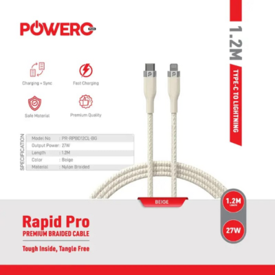 PowerO+ Rapid Pro Premium Braided Cable USB-C to LIGHTNING 27W , 1.2M.