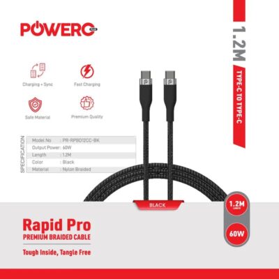 PowerO+ Rapid Pro Premium Braided Cable USB-C to USB-C 60W , 1.2M