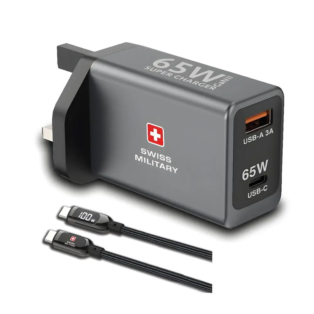 Swiss Military, 65W GaN CHARGER USB C & USB A + 60W C-C CBL 2M